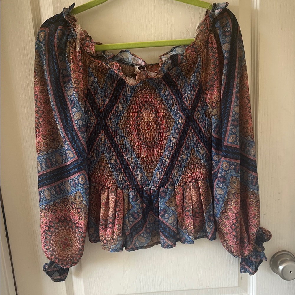 Smocked Off-Shoulder Boho Top in Blue print